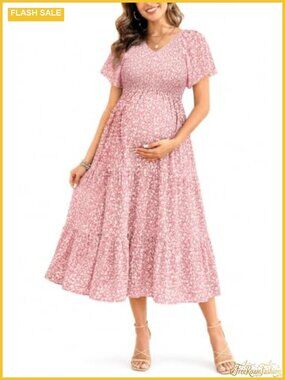 Maternity Midi A-Line Dress V-Neck Flutter Sleeve Smocked Baby Shower